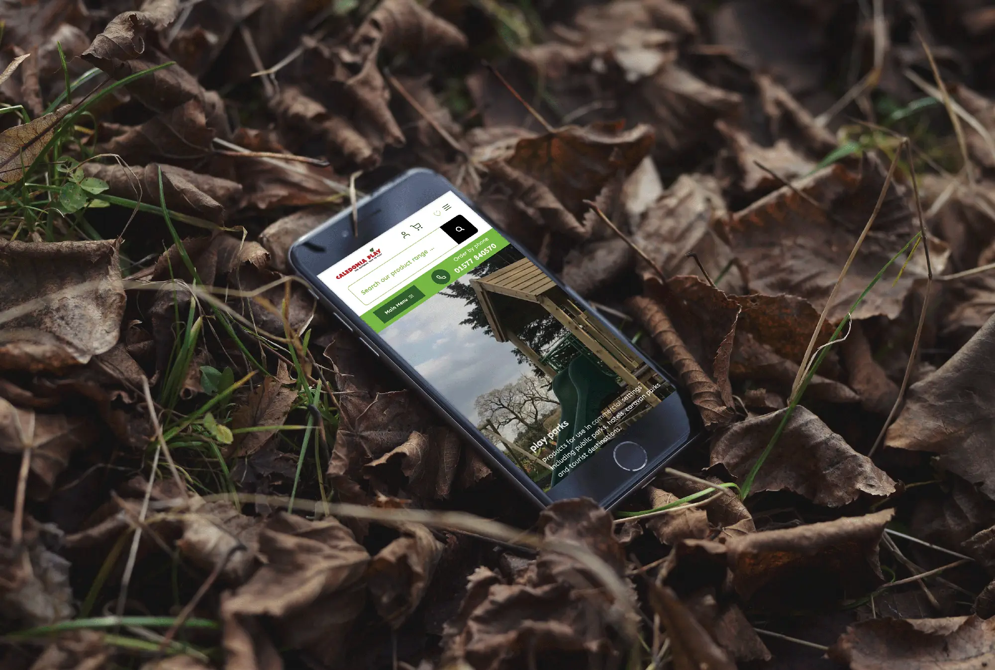 Smartphone showing the mobile Caledonia Play website resting on fallen leaves