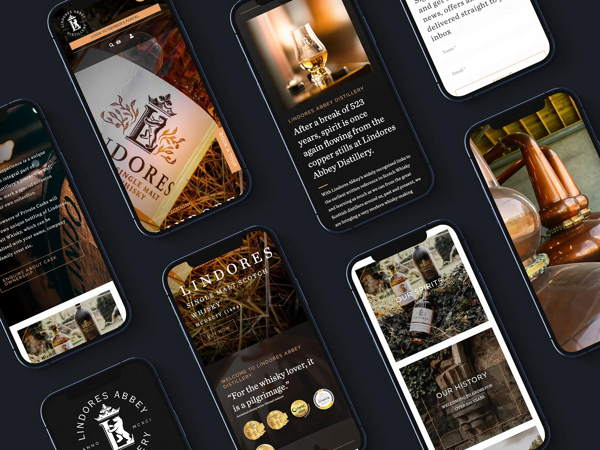 Collage of smartphones displaying multiple pages of the Lindores Abbey Distillery website