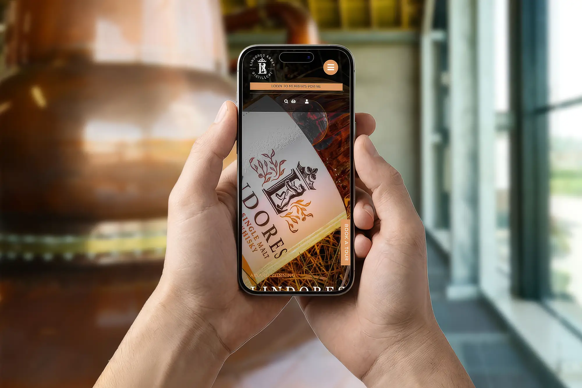 Hand holding a smartphone displaying the Lindores Abbey Distillery website beside copper distillery stills