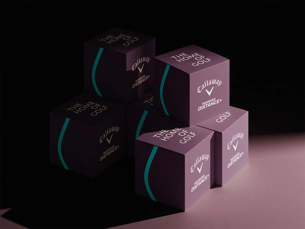 Callaway golf ball packaging boxes branded for St Andrews Links Trust, 'Home of Golf'