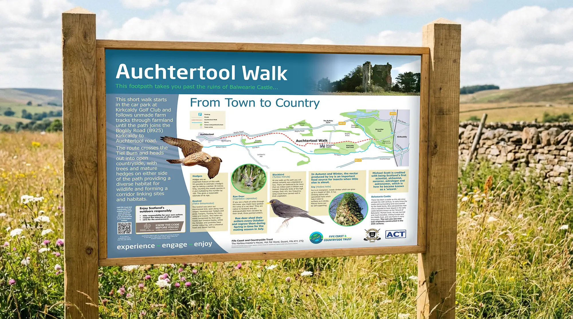 Auchtertool Walk interpretation panel installed in a field for Fife Coast and Countryside Trust