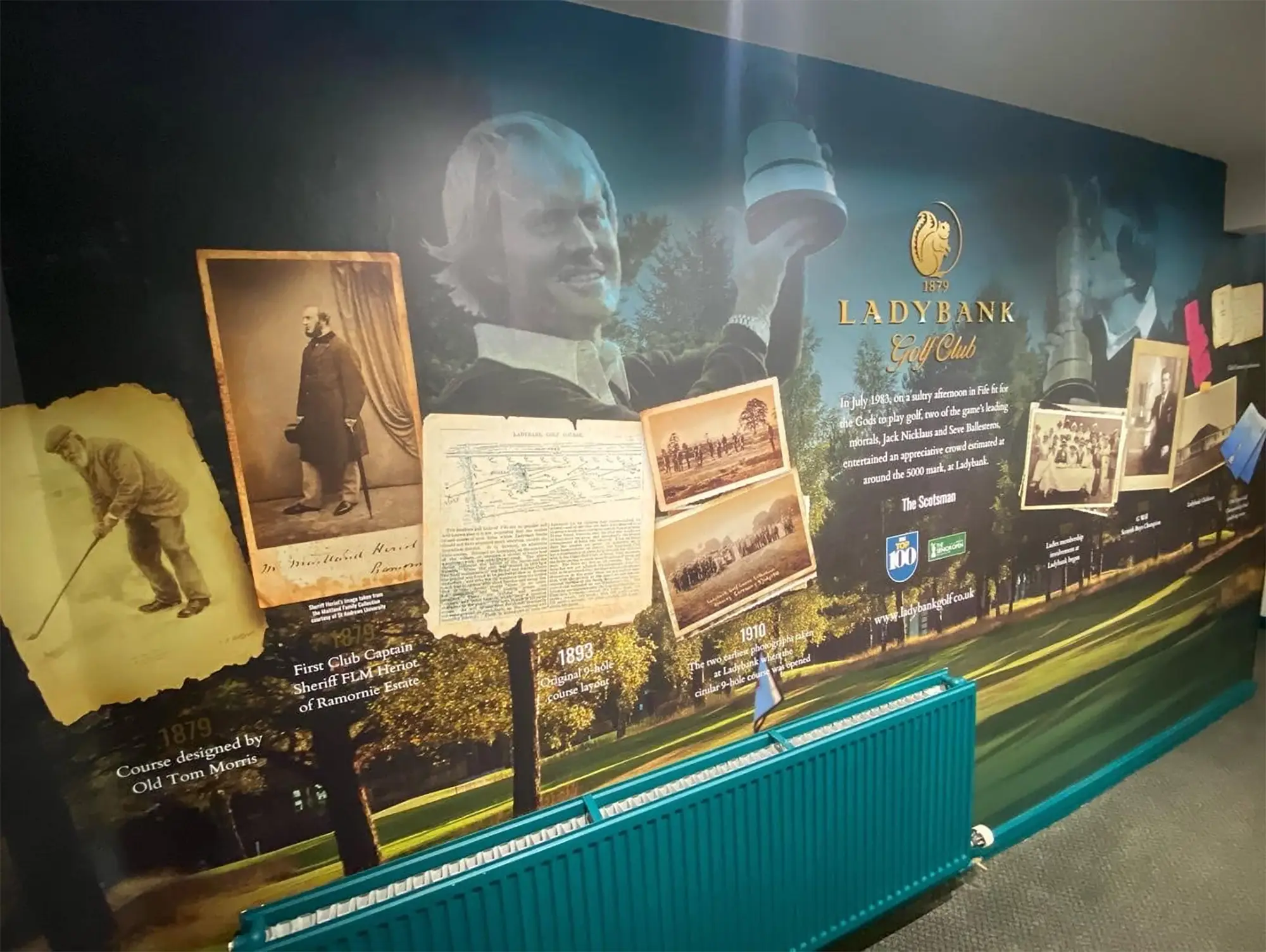 Ladybank Golf Club – clubhouse heritage wall Large-format wall graphics displaying archive photographs and club history in the Ladybank Golf Club foyer