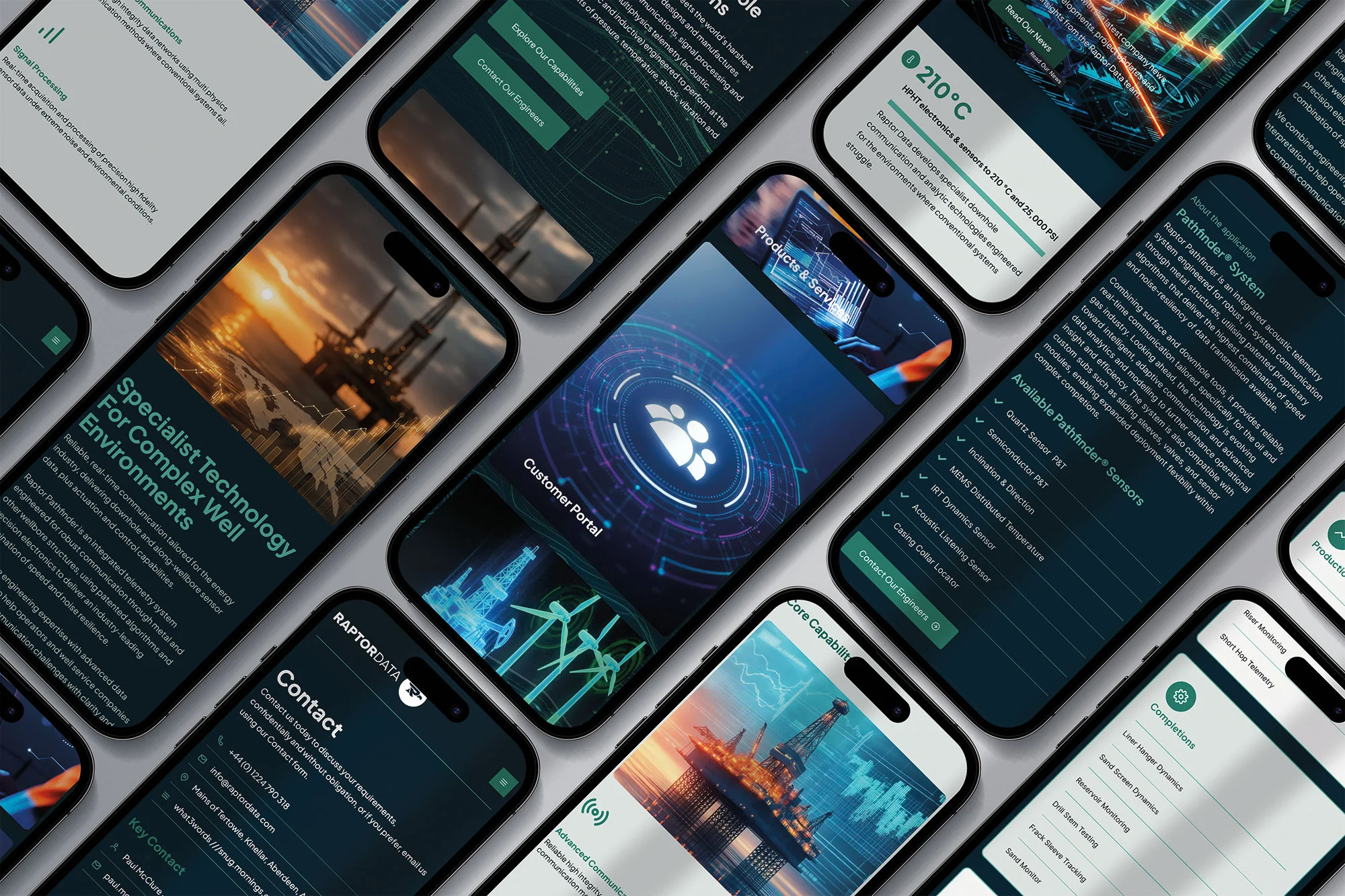 Raptor Data website – page showcase Collage of smartphones displaying multiple pages of the Raptor Data website and customer portal
