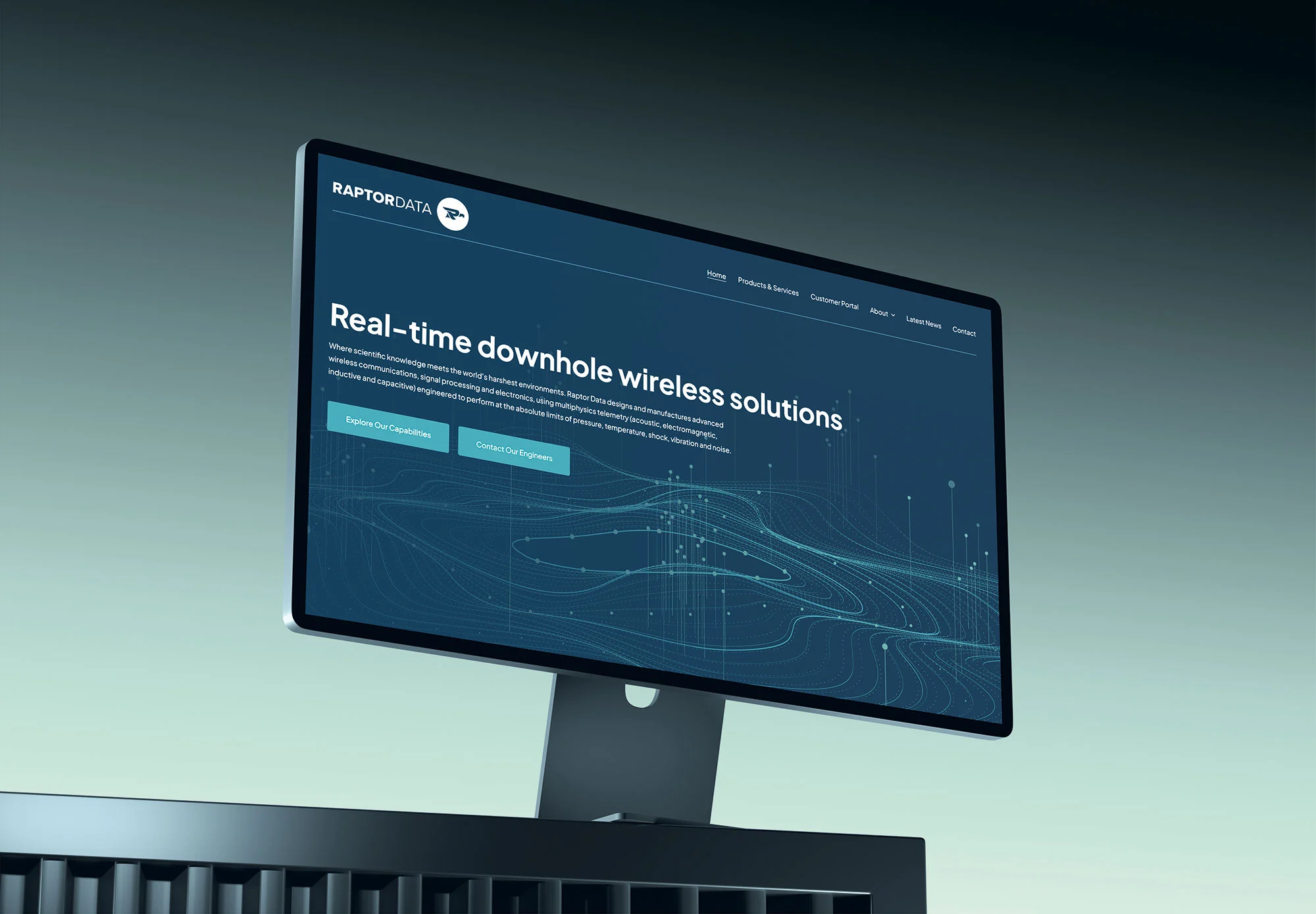 Raptor Data website – desktop view Desktop monitor displaying the Raptor Data website homepage