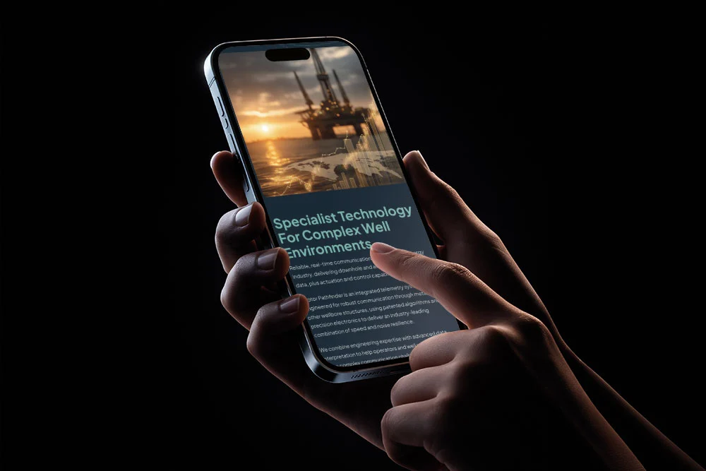 Raptor Data website – mobile view Hand holding a smartphone displaying the Raptor Data website
