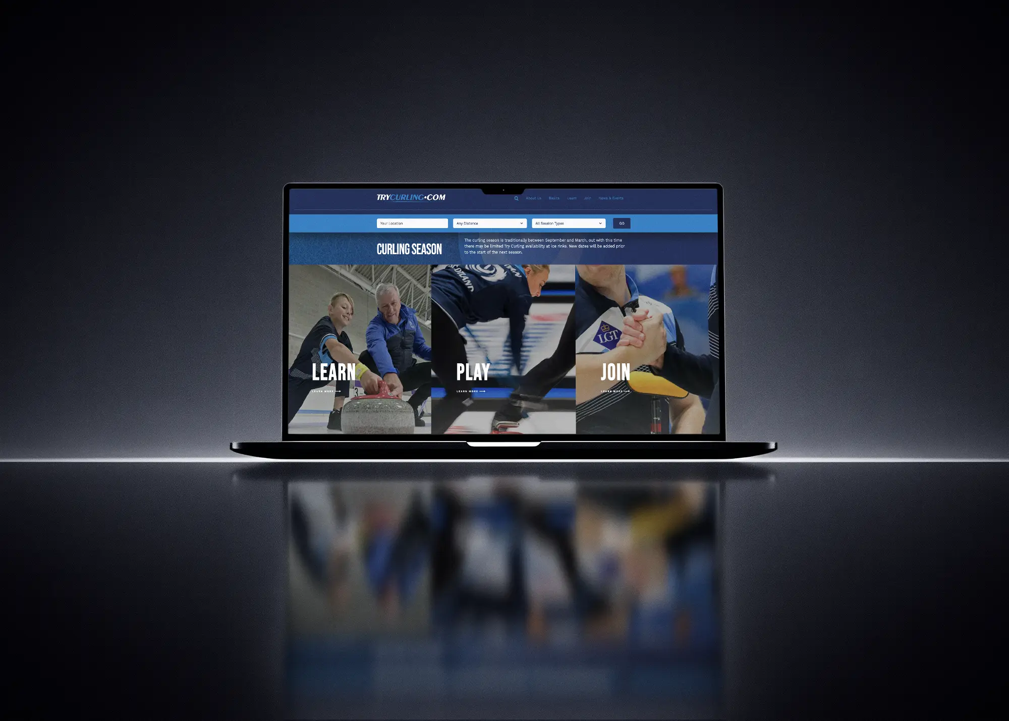 Try Curling website – desktop view Laptop on a reflective surface displaying the Try Curling website homepage