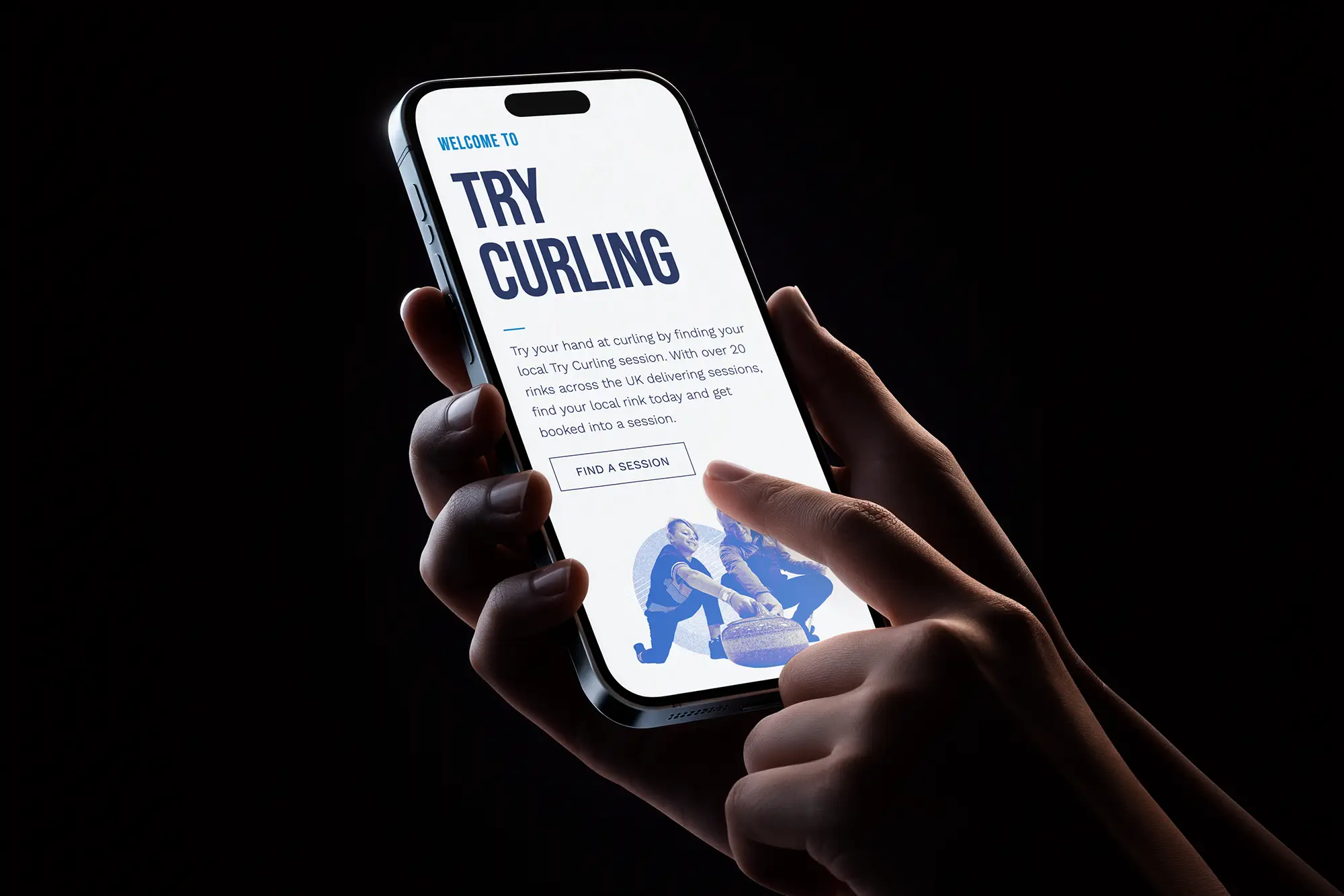 Try Curling website – mobile view Hands holding a smartphone displaying the Try Curling website welcome screen
