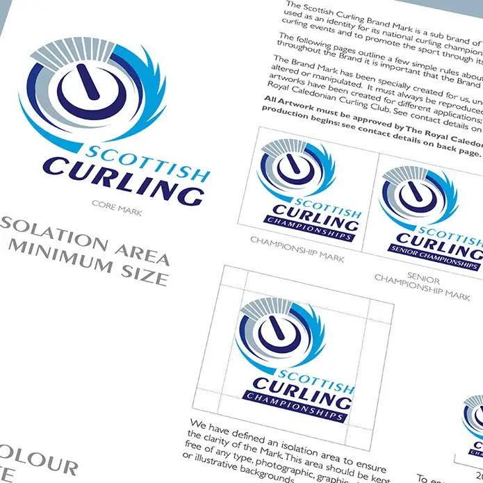 Scottish Curling – brand guidelines Scottish Curling brand guidelines document showing logo isolation area and minimum size specifications